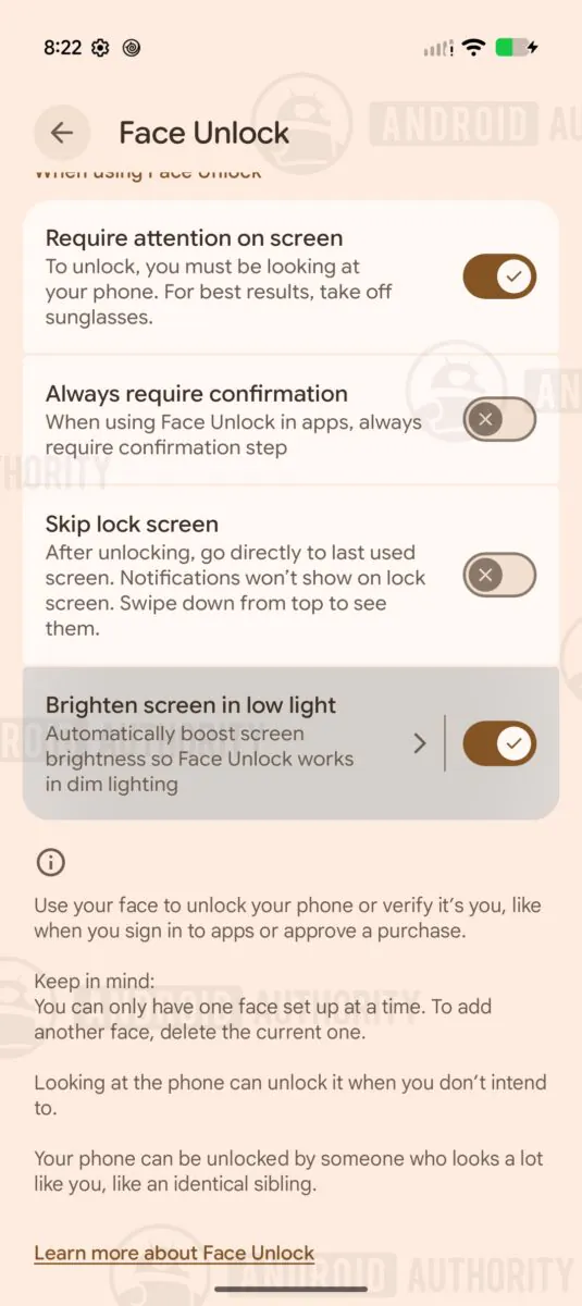 The&nbsp;Brighten the screen in low light toggle in the Face Unlock settings.
