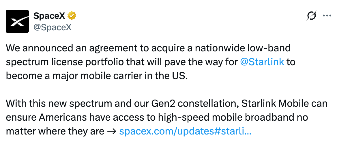 Elon Musk says this is the last critical piece of the spectrum puzzle to provide complete phone coverage in the US. | Image by X - The SpaceX killer? Why Boost Mobile’s founder is betting big on AST SpaceMobile