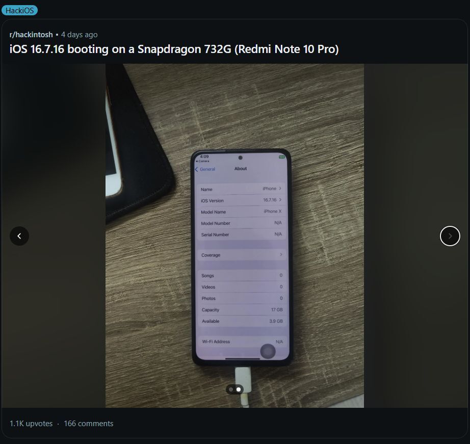 Hackios Reddit thread showing the iOS 16.7.16 booting on a Redmi Note 10 Pro. | Image by Reddit - The impossible happened: Someone successfully booted iOS on an Android device