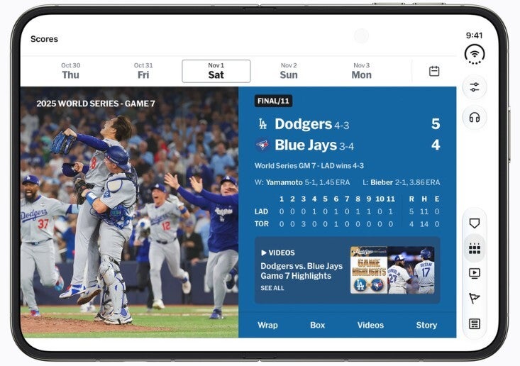 Baseball fans will be able to watch live games and highlights while partaking in the sport's tradition of scoreboard watching. | Image by Apple - Apple's brilliant move makes the Duo unlike any other foldable phone when it comes to apps