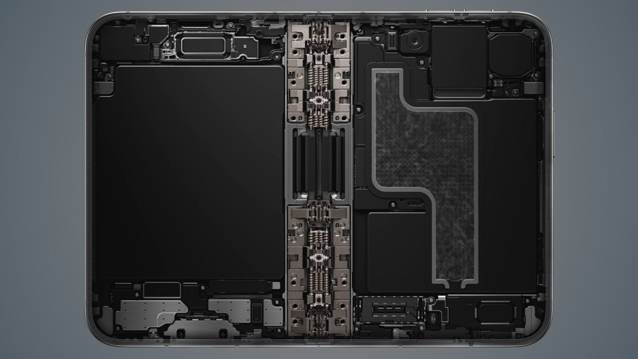 You can see the dual-axis gears, cams and springs inside the hinge. | Image by Apple - iPhone Duo's crease and hinge explained &mdash; every innovation Apple baked inside its first foldable