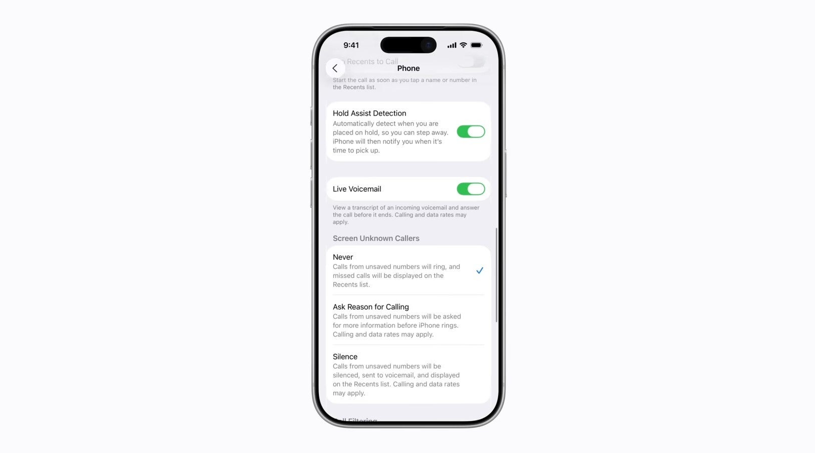 The Phone app menu in the Settings app.