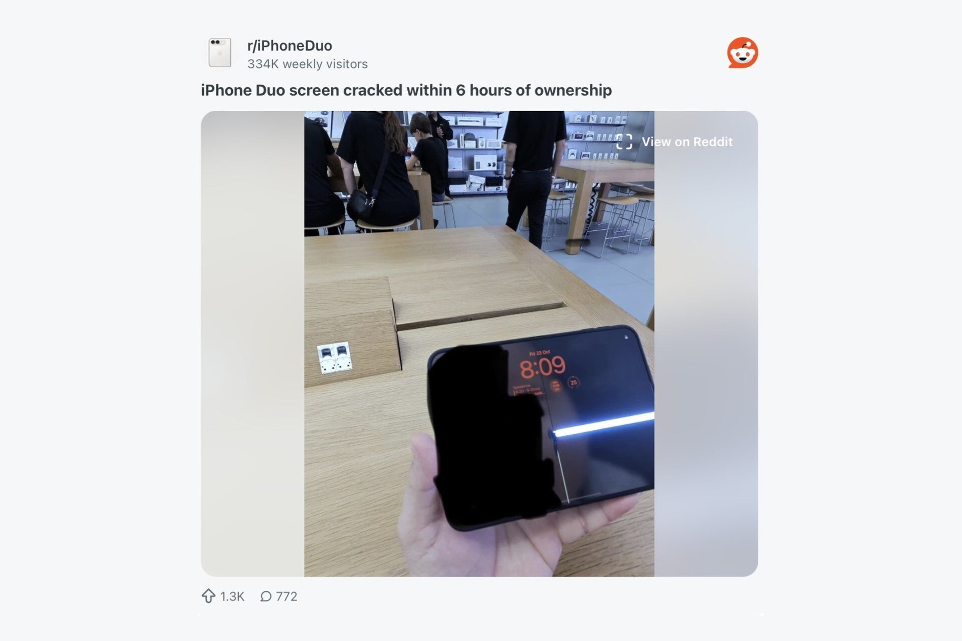 Reddit post showing a cracked iPhone Duo inner screen.