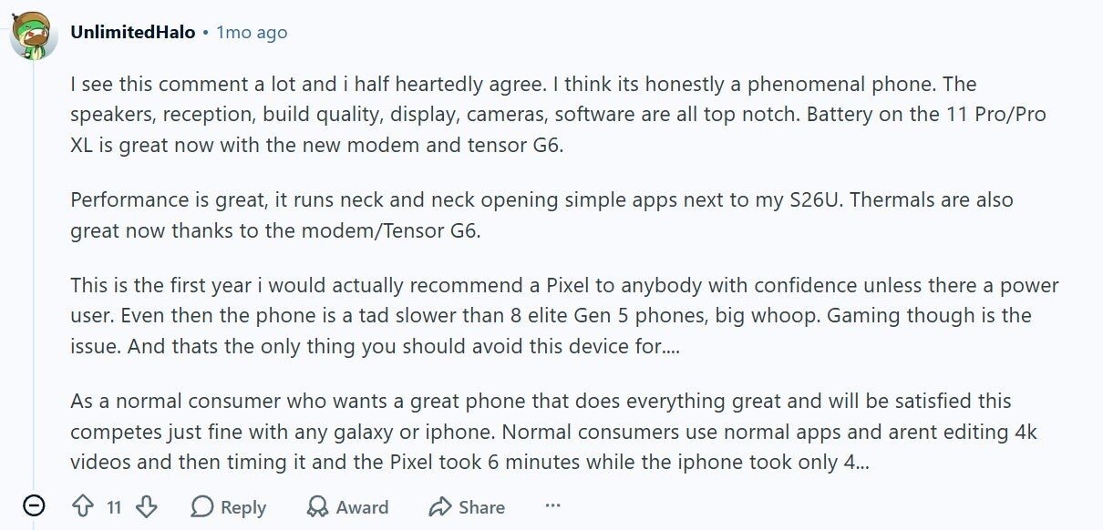 Comment about the Pixel 11 Pro XL performance.