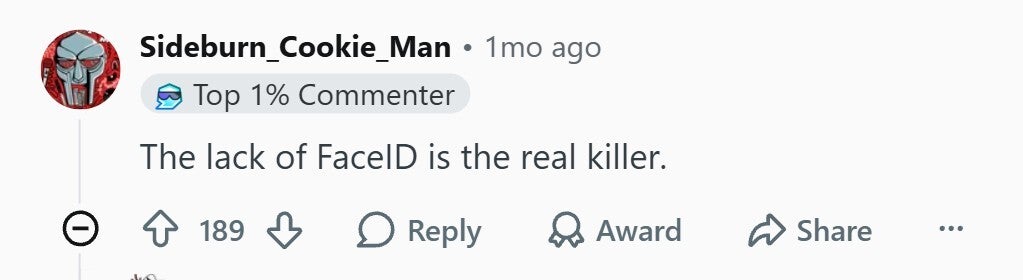 Comment about the lack of Face ID.