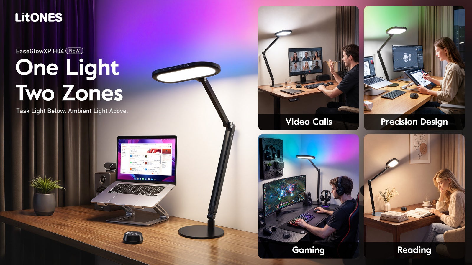 One lamp, multiple uses | Image by LitONES - Improve the mood in your home office: LitONES Dual-Zone Light, fully customizable, extremely flexible desk lamp