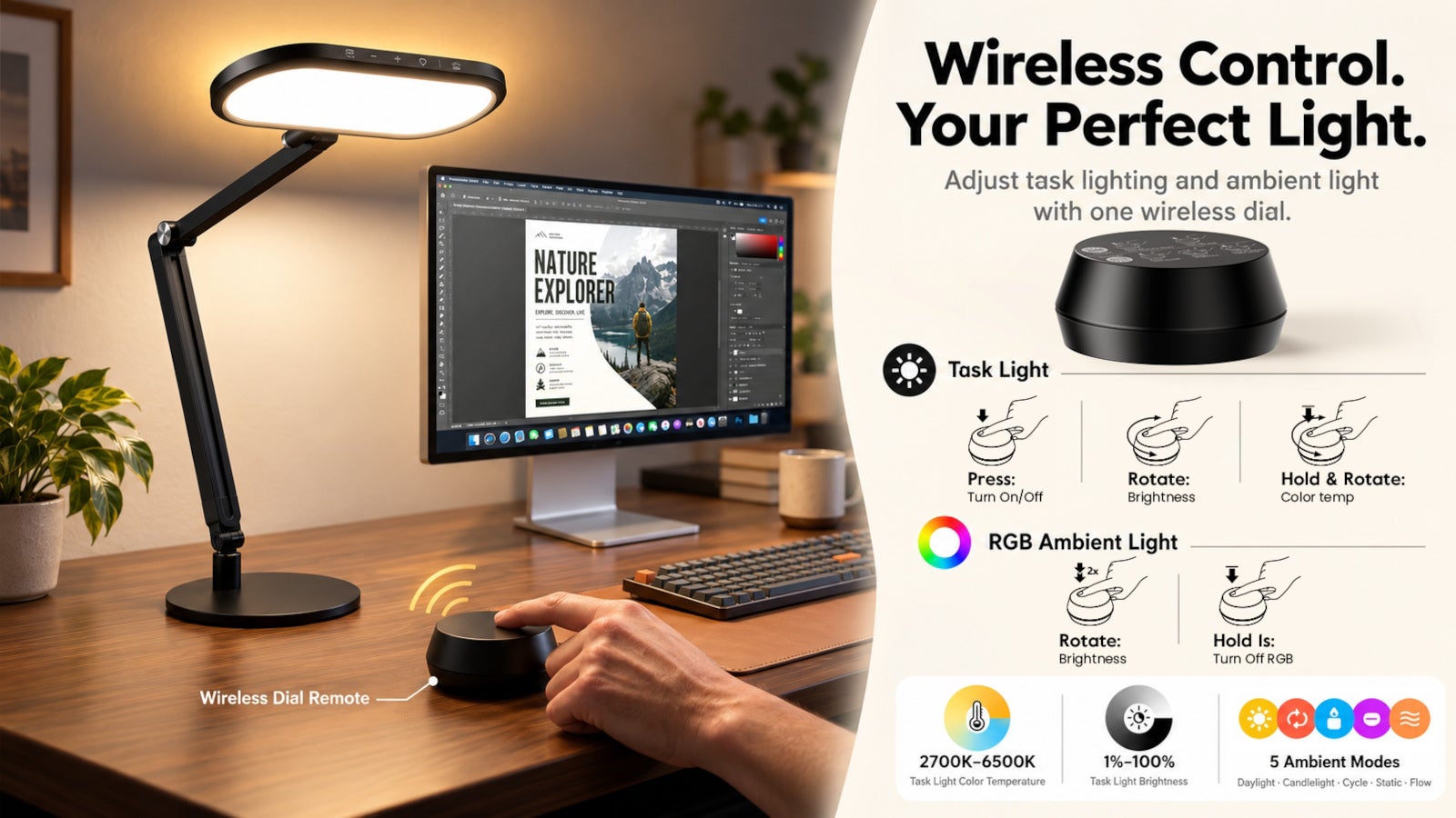 The remote control puck | Image by LitONES - Improve the mood in your home office: LitONES Dual-Zone Light, fully customizable, extremely flexible desk lamp