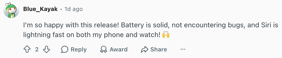 The iOS 27.2 Release Candidate brought better battery performance for some users. | Image by Reddit (screenshot - iOS 27.2 comes with major iPhone Duo and Siri AI upgrades
