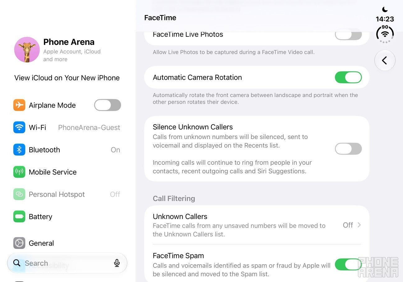 FaceTime setting page in the Settings app.