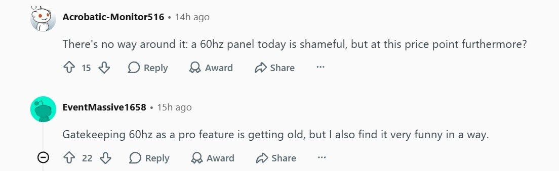 Comments about iPhone 18e refresh rate.