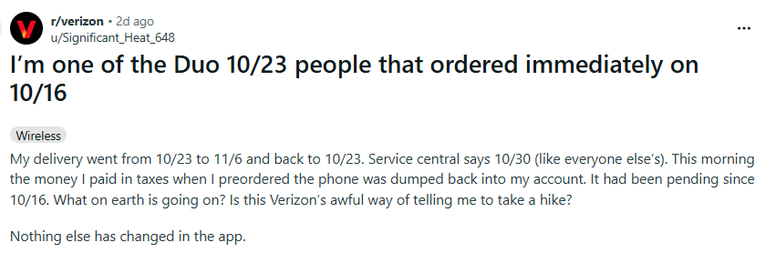 There may not be a problem here at all. | Image by Significant_Heat_648 - Bank refunded your iPhone Duo pre-order through Verizon? Don't panic just yet