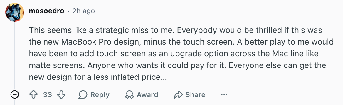 Some redditors think this is a miss from Apple. | Image by Reddit (screenshot - A decade later, Apple brings back a beloved feature to the MacBook Pro