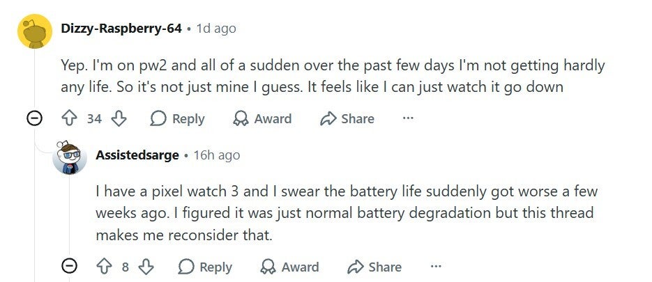 Complaints about battery drain in Pixel watch.