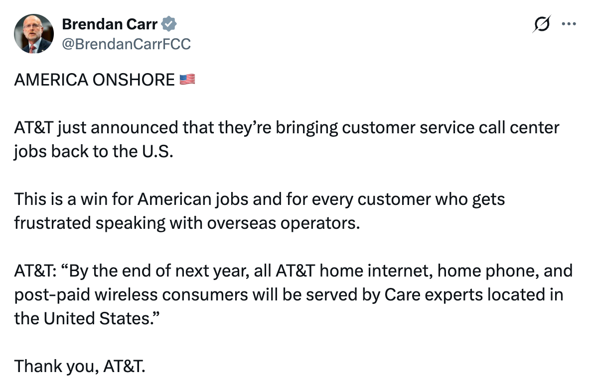 fcc AT&amp;amp;T customer service call center onshore