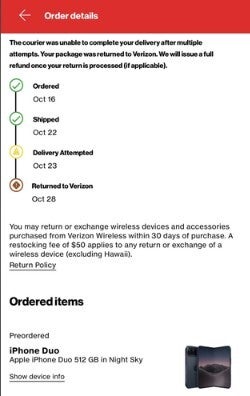 The Verizon app captures the round-trip travels of a pre-ordered iPhone Duo. | Image by Verizon - Verizon mistake sends shipped iPhone Duo on round-trip trek
