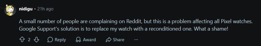 Pixel Watch owners aren't happy with the current situation. | Image by Reddit - Google is fixing the most annoying Pixel Watch problem