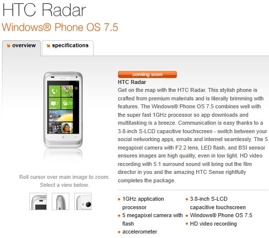 Orange UK is set on selling its very first Windows Phone Mango handset - the HTC Radar