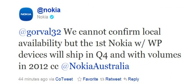 Nokia's tweet tells us that the Q4 goal for shipments of Nokia's first Windows Phone units is on track - Nokia tweets that it will ship its first Windows Phone model by the end of the year
