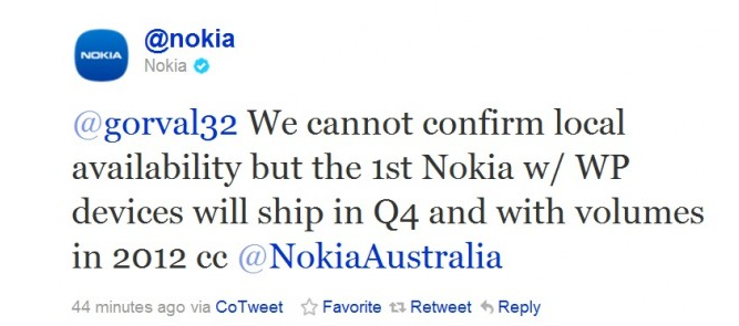 Nokia&#039;s tweet tells us that the Q4 goal for shipments of Nokia&#039;s first Windows Phone units is on track - Nokia tweets that it will ship its first Windows Phone model by the end of the year