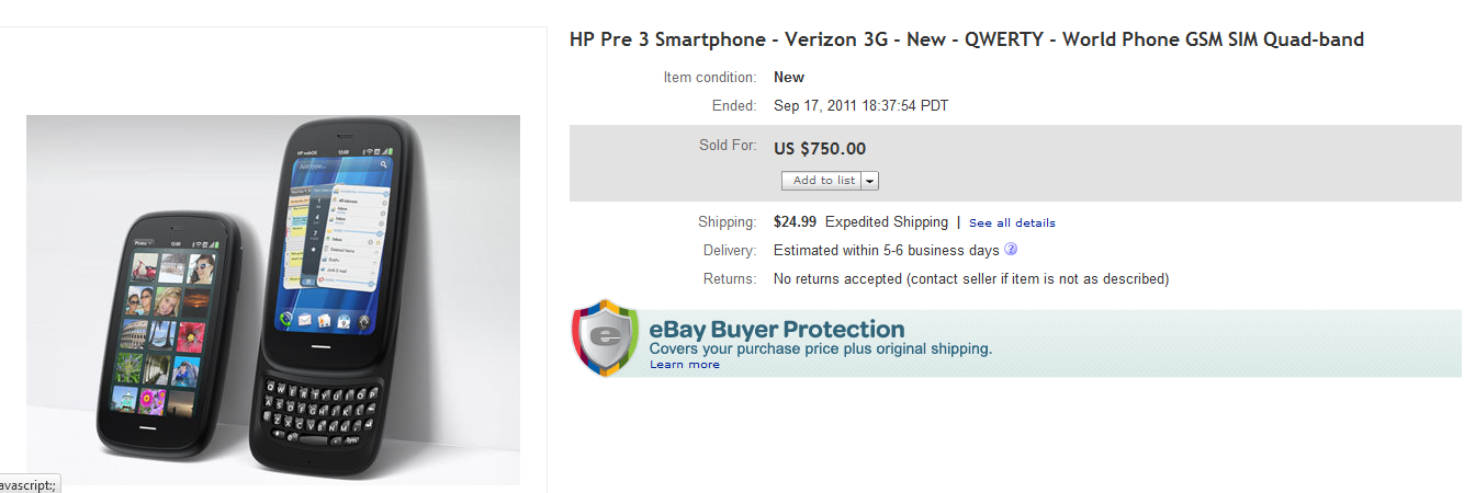 The winning bid for the Verizon branded HP Pre 3 - Unshipped AT&T and Verizon HP Pre 3 show up on eBay along with AT&T TouchPad 4G