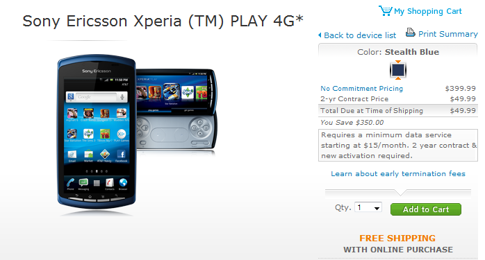 The Sony Ericsson Xperia PLAY 4G is now available from AT&amp;amp;T - AT&amp;T adds Sony Ericsson Xperia PLAY 4G to its Android lineup for just $49.99
