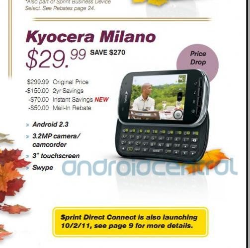 The Kyocera Milano is just $29.99 after a $20 price cut - Kyocera Milano's price sliced to $29.99 after contract and rebate