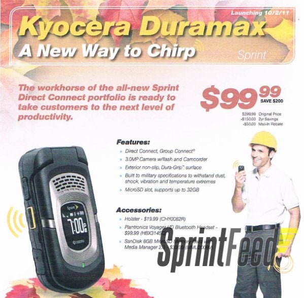 Kyocera DuraMax is scheduled to land on Sprint's lineup on October 2nd for $99.99