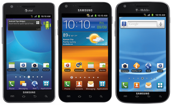 The U.S. versions of the Samsung Galaxy S II, not included in the 10 million units already sold; from L to R, AT&amp;T's model, Sprint's Epic 4G Touch and T-Mobile's variant - Samsung Galaxy S II hits the 10 million sold mark with no help from the U.S.