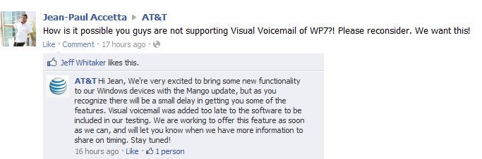 AT&T is working on bringing visual voicemail to its Windows Phone Mango enabled smartphones