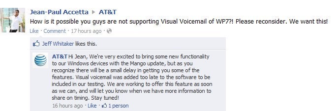 AT&amp;T is working on bringing visual voicemail to its Windows Phone Mango enabled smartphones