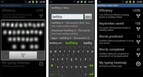 The SwiftKey X update brings a heatmap (L) and stats (R) to improve your typing (C) - SwiftKey X update adds new features to third party Andriod QWERTY