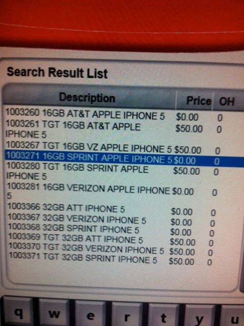 Radio Shack&#039;s inventory system shows the Sprint iPhone 5 - Inventory screen for Radio Shack displays Sprint variant of the Apple iPhone 5