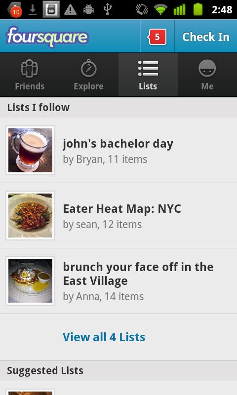 New lists feature is found with the latest version of Foursquare for Android