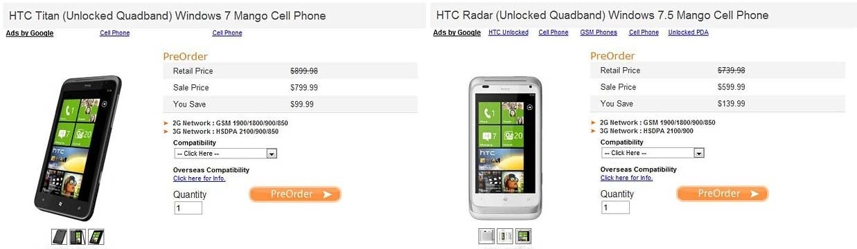 Pre-orders for unlocked versions of the HTC Titan and Radar are now ready in the US