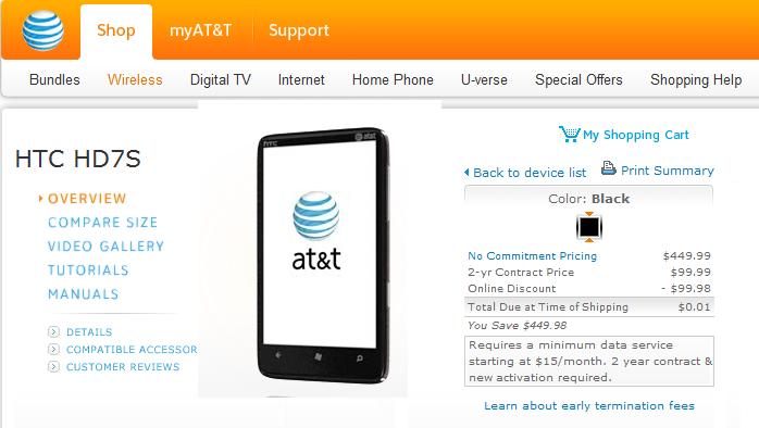 A penny saved is an HTC HD7S earned, along with free shipping - AT&amp;T offers HTC HD7S for a bright shiny penny