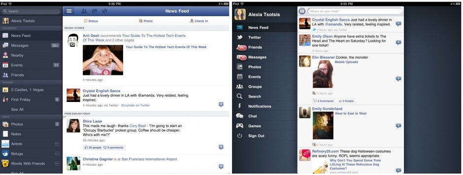 The Facebook app on the left, the MyPad on the right. - Facebook iPad app is finally official