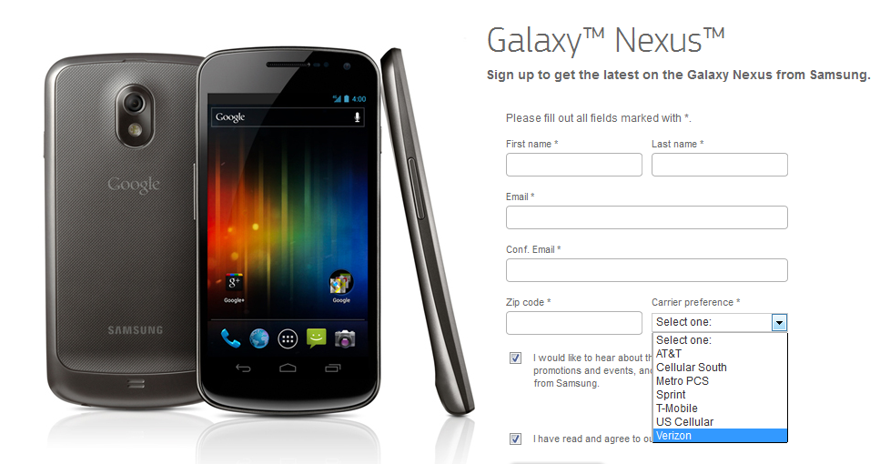 Seven carriers are listed on the Samsung GALAXY Nexus sign-up page - Sign-up page for the Samsung GALAXY Nexus gives you choice of seven carriers