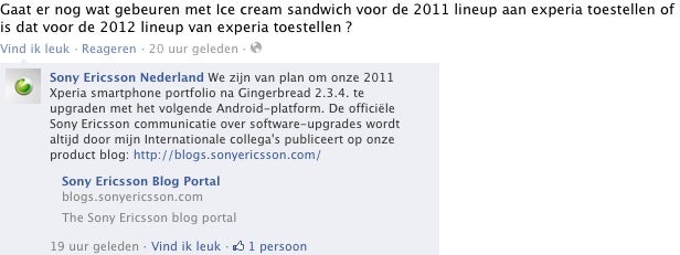 The Facebook post in Dutch speaks about Android 2.3.4 and the next update. - Sony Ericsson to update its 2011 Xperia lineup to Android 4.0 Ice Cream Sandwich?