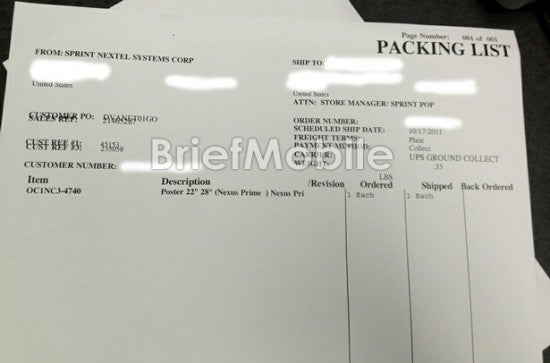 This Purchase Order shows that two posters of the &quot;Nexus Prime&quot; were sent to an unknown Sprint store - Sprint throws its hat into the Samsung GALAXY Nexus campaign