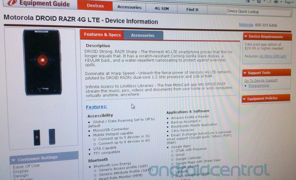 The Motorola DROID RAZR is now on Verizon's equipment infocenter - Motorola DROID RAZR hits Verizon's system chock full of big time specs