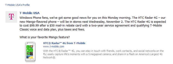 T-Mobile will launch the HTC Radar 4G on November 2nd - T-Mobile to launch the Mango flavored HTC Radar 4G on November 2nd for $99.99 after rebate and contract