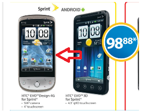 Walmart incorrectly shows the HTC Hero (follow arrow) and the real HTC EVO Design 4G (R) - Walmart makes boo boo by showing HTC Hero instead of HTC EVO Design 4G in flyer
