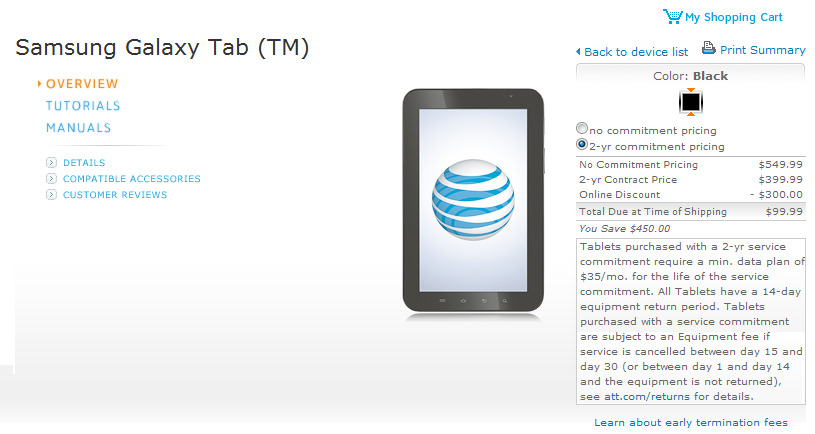 AT&amp;T is offering the Samsung Galaxy Tab for $99.99 with a 2 year pact and a $35 monthly data plan - AT&T brings the price of the Samsung Galaxy Tab down to $99.99 on contract