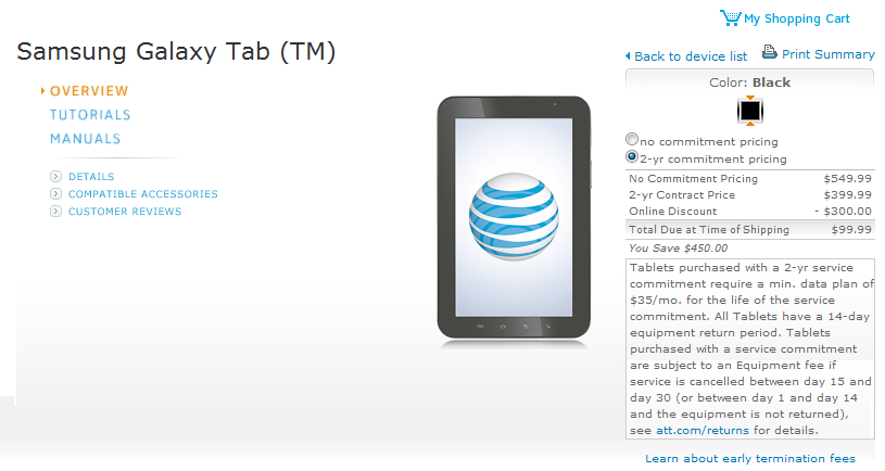 AT&amp;amp;T is offering the Samsung Galaxy Tab for $99.99 with a 2 year pact and a $35 monthly data plan - AT&amp;T brings the price of the Samsung Galaxy Tab down to $99.99 on contract