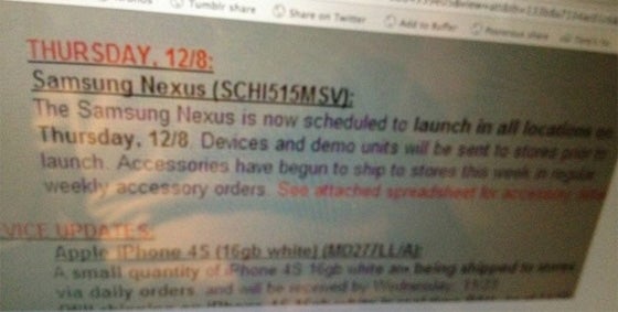 Leak puts Galaxy Nexus in Verizon stores December 8th