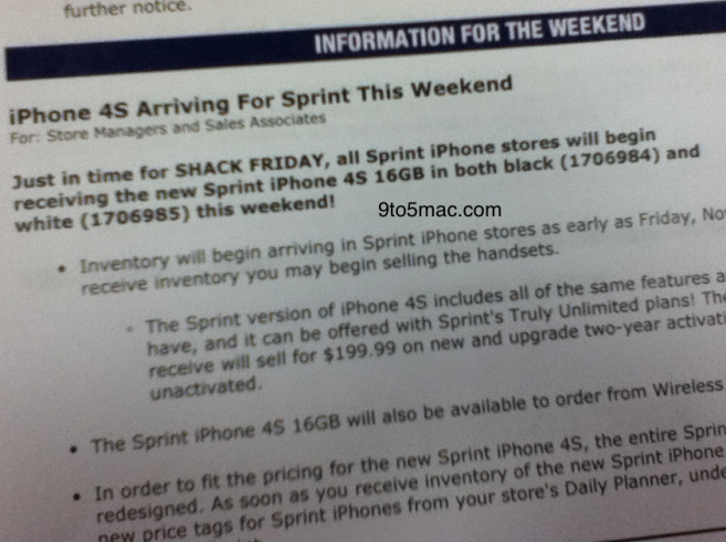 A leaked internal Radio Shack memo confirms that the Sprint version of the 16GB Apple iPhone 4S is now available at certain stores - Radio Shack now offering the Sprint version of the 16GB Apple iPhone 4S