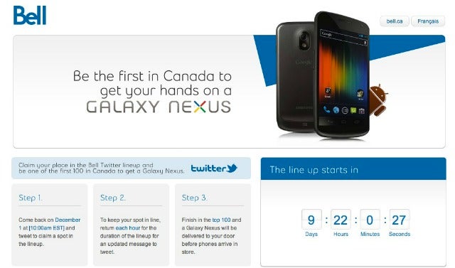 Be one of the first 100 Canadians to get the Samsung GALAXY Nexus using the Twitter line - Samsung GALAXY Nexus to launch December 8th in Canada; pre-orders start today