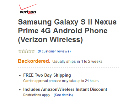 Amazon's listing for the "Nexus Prime 4G" - Amazon joins Best Buy, calls Verizon's new phone "Samsung Galaxy S II Nexus Prime 4G"
