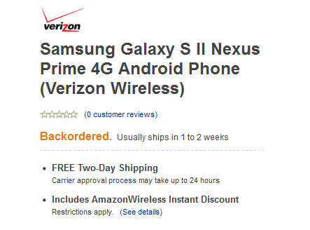 Amazon&#039;s listing for the &quot;Nexus Prime 4G&quot; - Amazon joins Best Buy, calls Verizon&#039;s new phone &quot;Samsung Galaxy S II Nexus Prime 4G&quot;