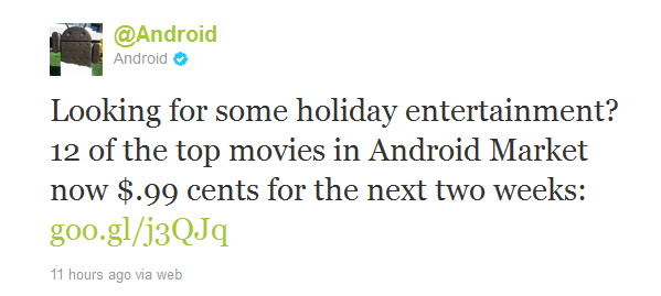 Top dozen movies in the Android Market priced at 99 cents for the next two weeks